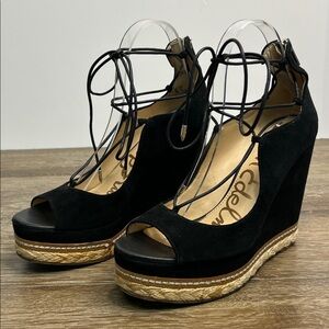 Sam Edelman Harriet Lace-Up Wedge Heels | Black Faux Suede Espadrille | Size 8